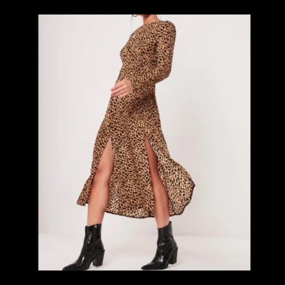 Lulu’s Missguided Brown Leopard Print Long Sleeve Midi Dress with Slits